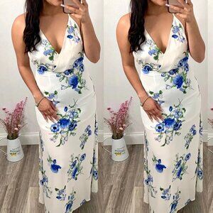 blue floral side slit Maxi Dress